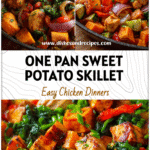 One pan sweet potato chicken skillet with vibrant veggies for a Lite Healthy Dinner and Whole 30 Hearty Meal.